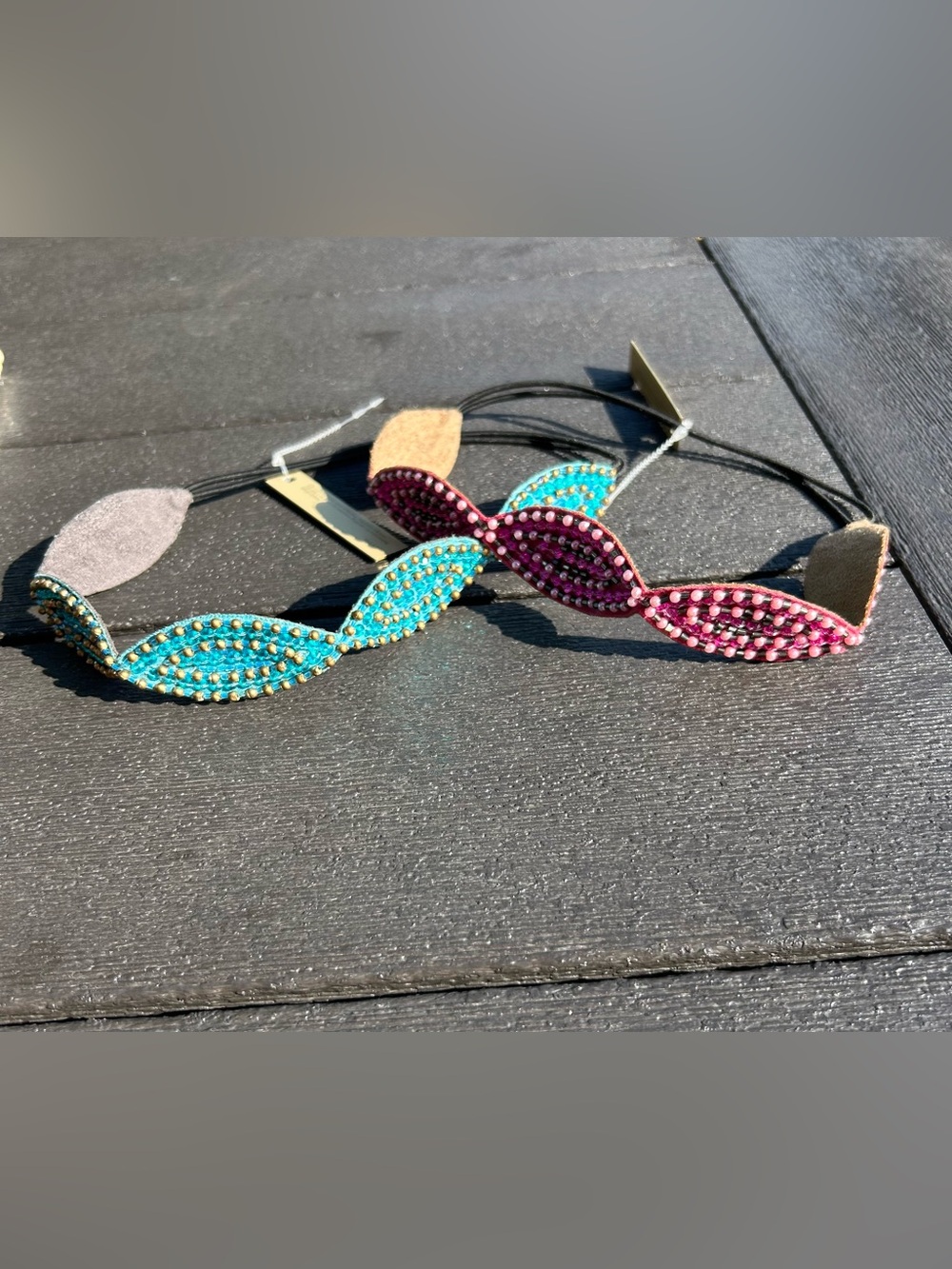 Set of 2 - Beaded Leaf Elastic Headband - Turquoise and Pink - Boho Headbands